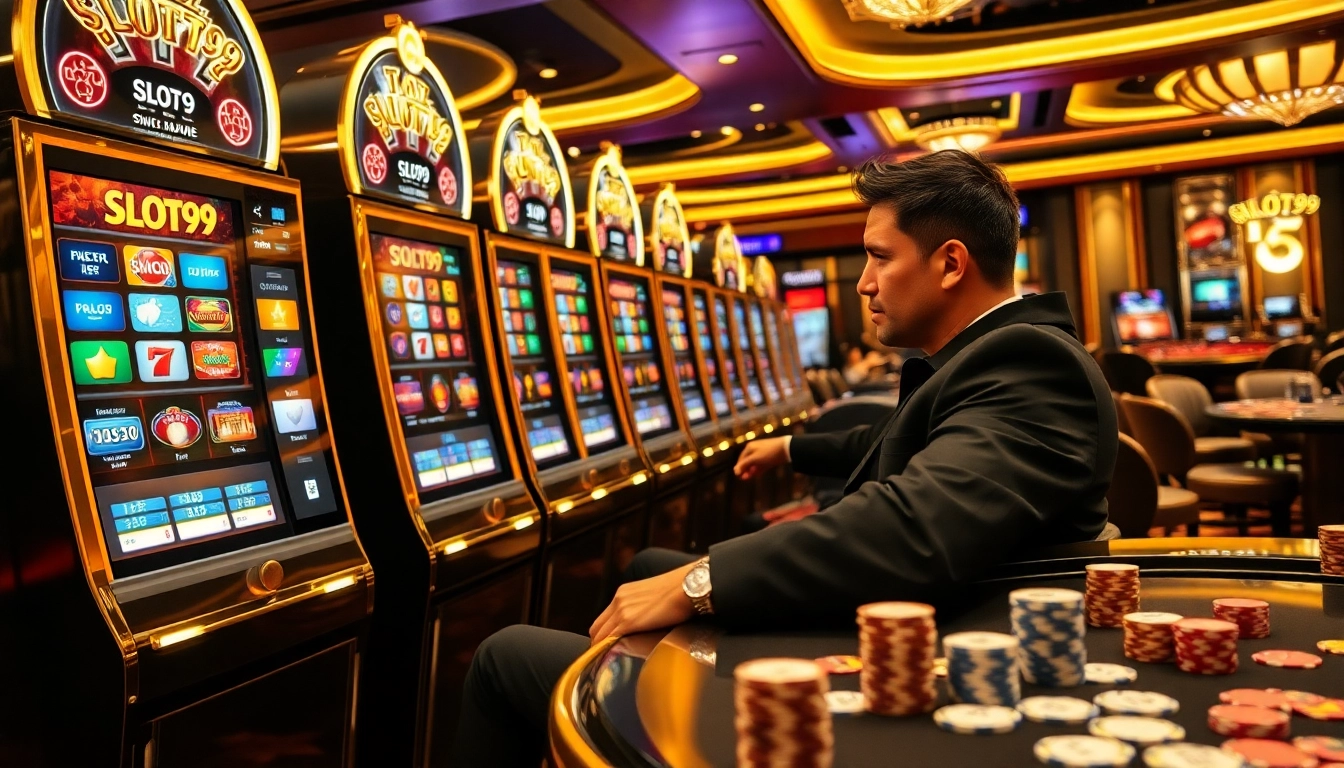 Player engaging with SLOT99 slot machine featuring vibrant reels and professional casino setting