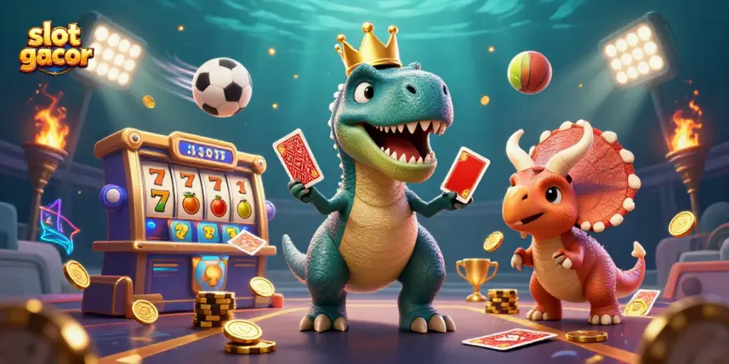 Experience thrilling slot gacor action with a cartoon T-Rex, pterodactyl, and triceratops in a vibrant casino setting.