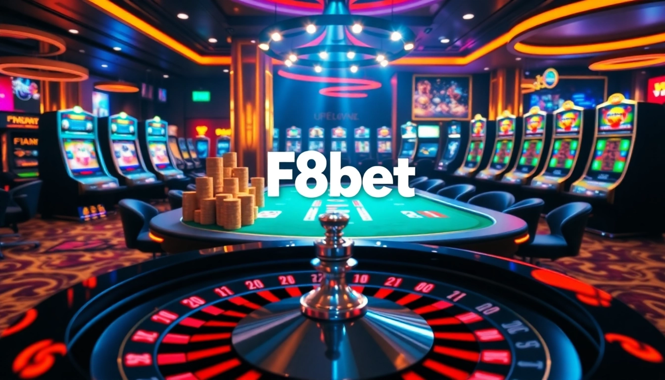 Engaging scene of F8bet online gambling with poker chips and roulette wheel.