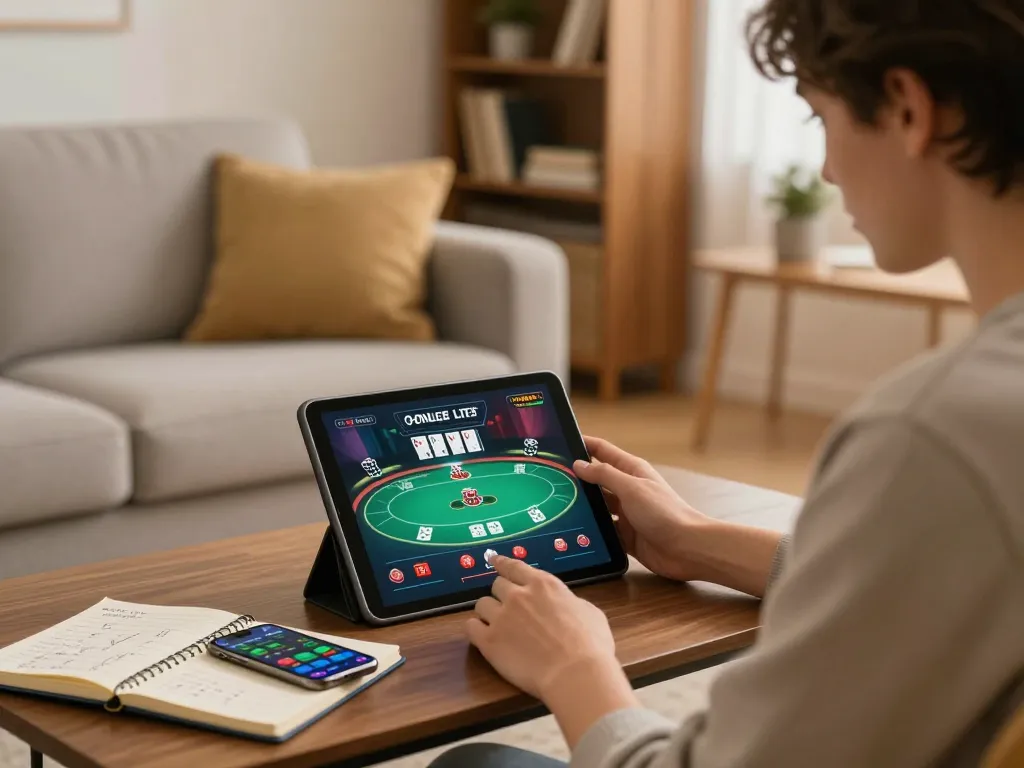 Player enjoying 32win online poker game at home, showcasing strategic engagement and comfortable environment.