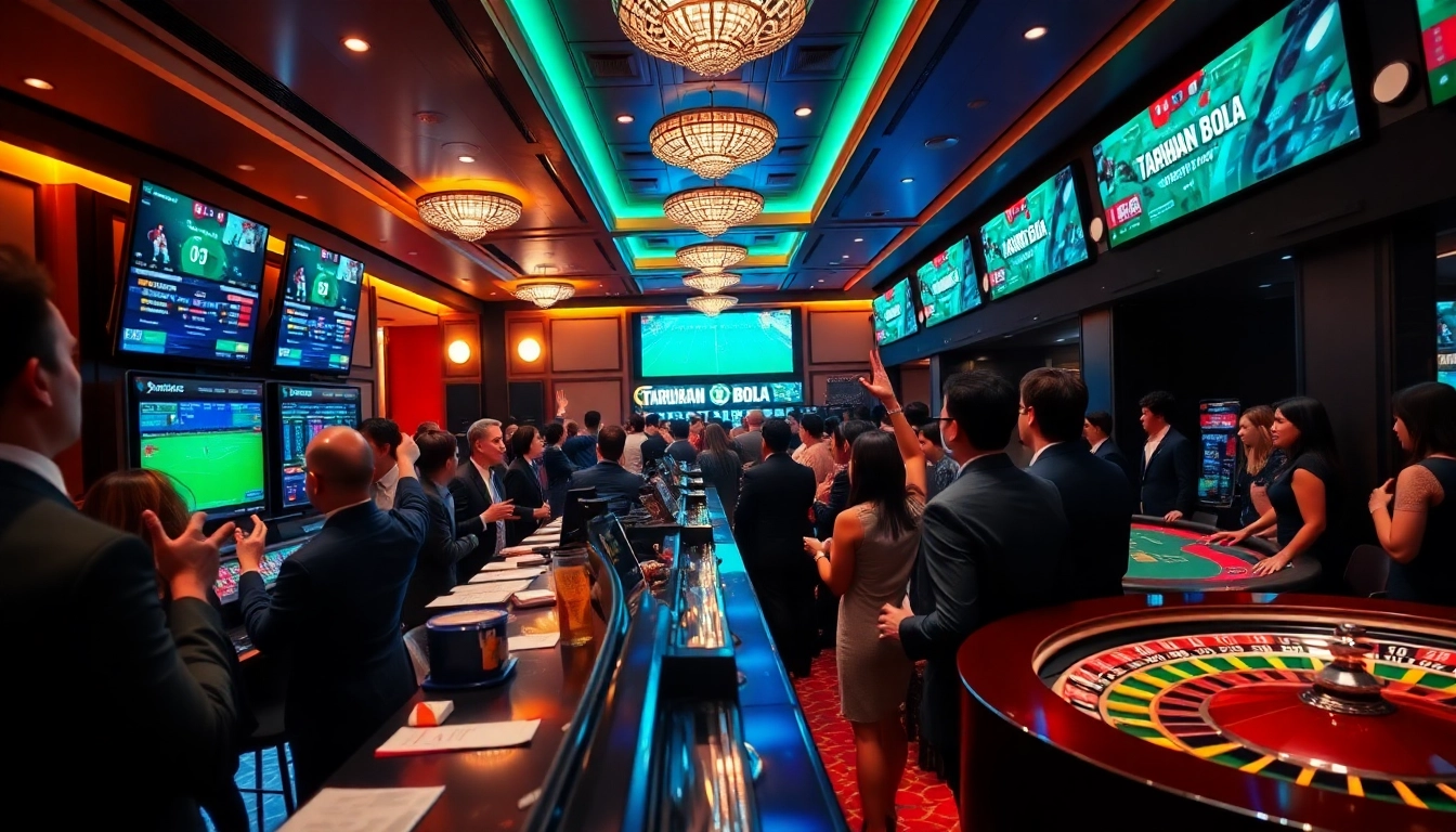 Engaging with Taruhan Bola at a bustling sports betting counter in a luxurious casino