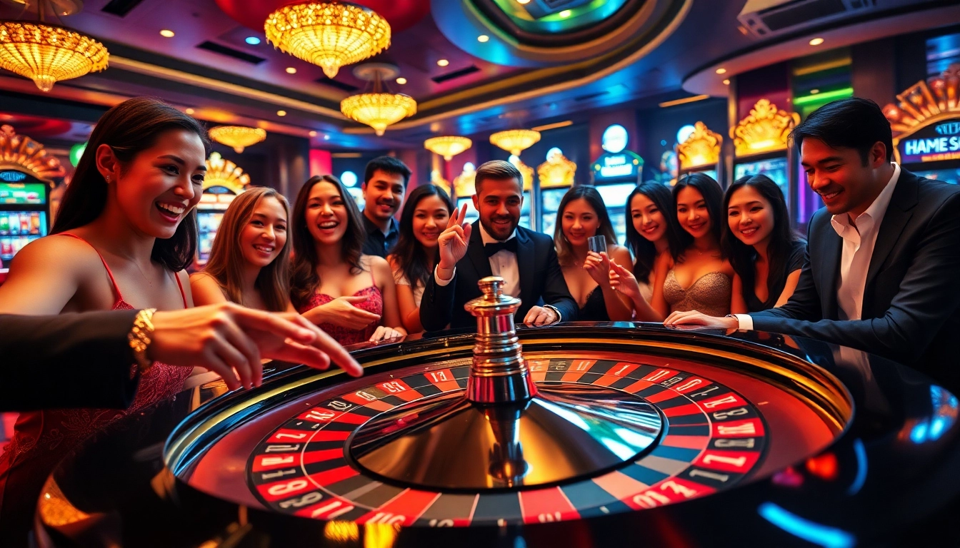 Excited players enjoying the thrill of j88 casino games at a luxurious roulette table.