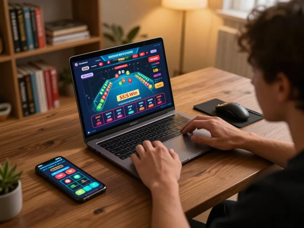 Engaging with 555win online gaming setup in a cozy environment, showcasing responsible gambling