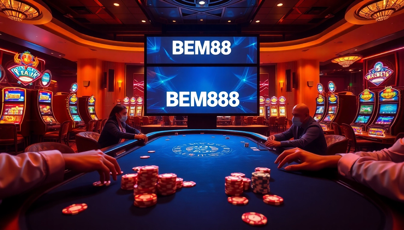 Players at a BEM88 poker table immerse themselves in high-stakes gaming excitement.