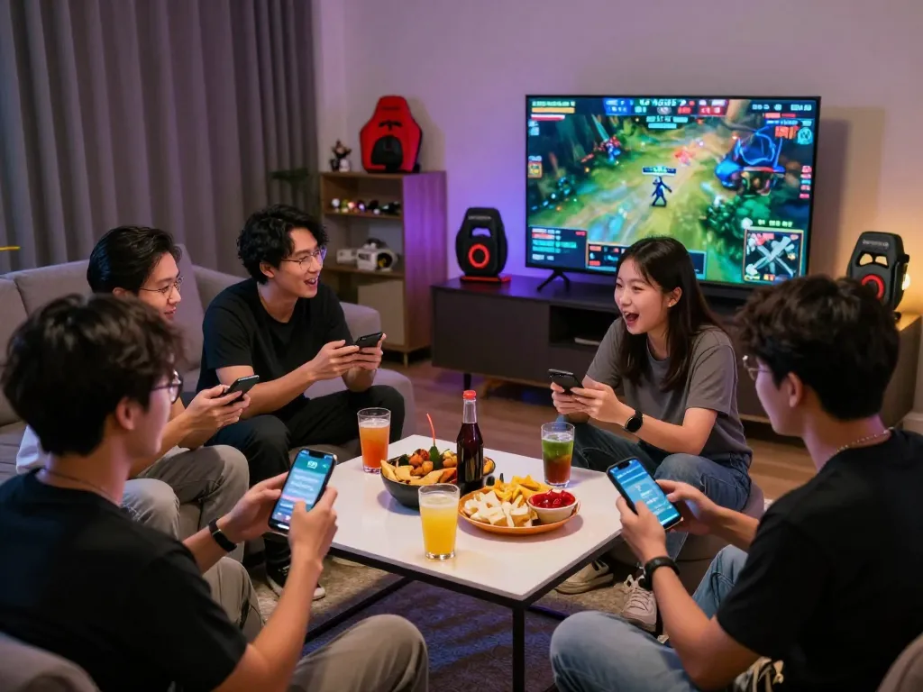 Esport betting Singapore scene showing friends enthusiastically placing live bets during a Dota 2 match.