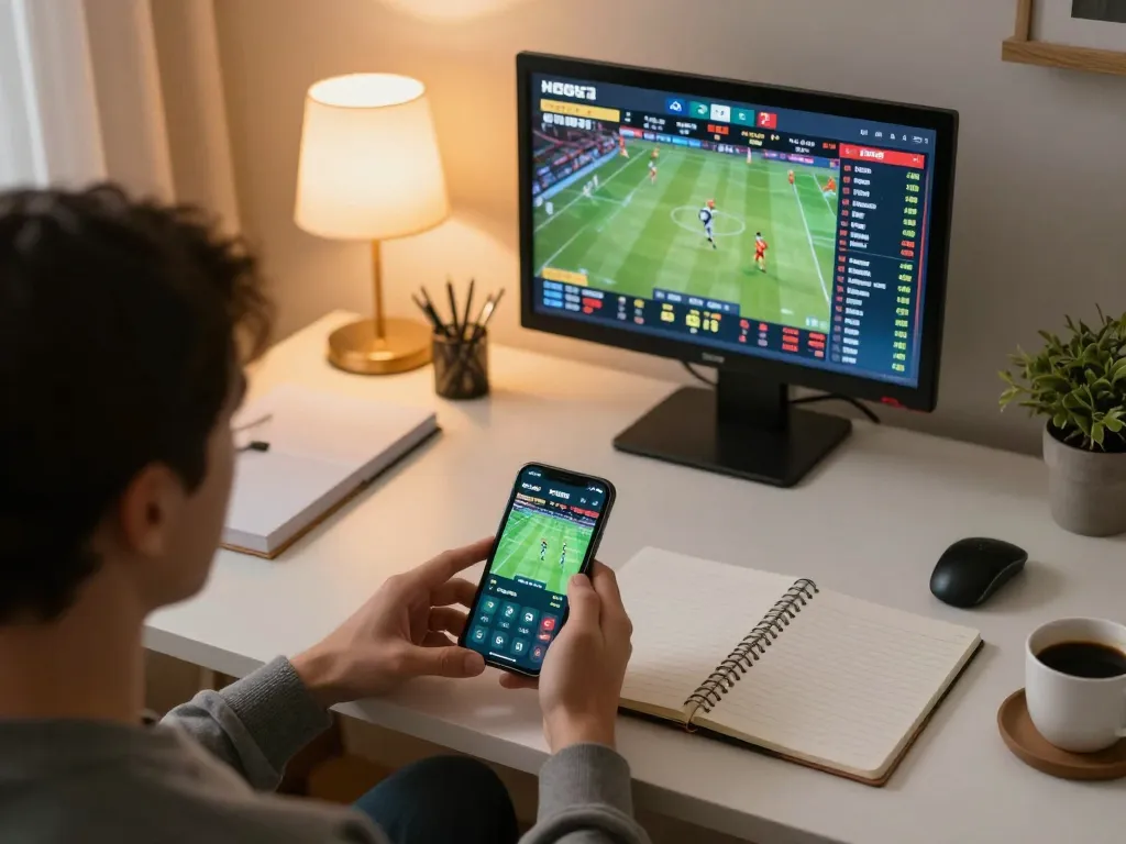 Person engaged in kqbd sports betting on smartphone, surrounded by organized workspace essentials.