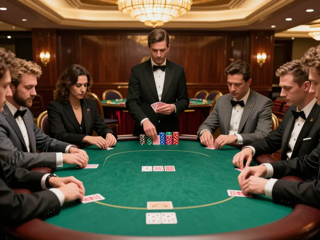 Players engage in a high-stakes poker game at a luxurious casino table mb66, showcasing intense focus and strategy.
