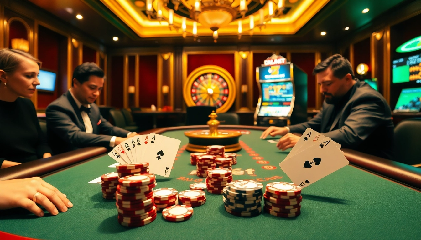 E2bet gaming excitement with animated players at a poker table surrounded by vibrant casino elements.
