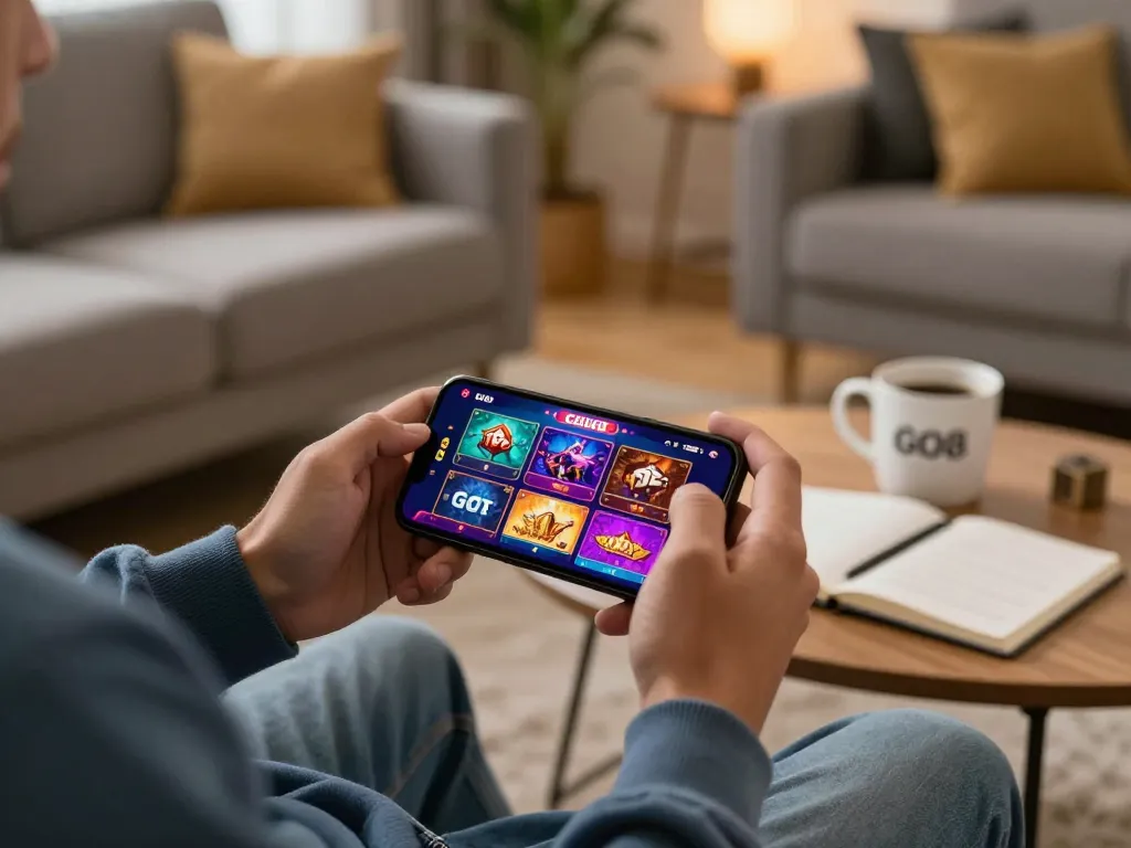 Player engaging with GO8 casino app for online gaming experience in a cozy home setting