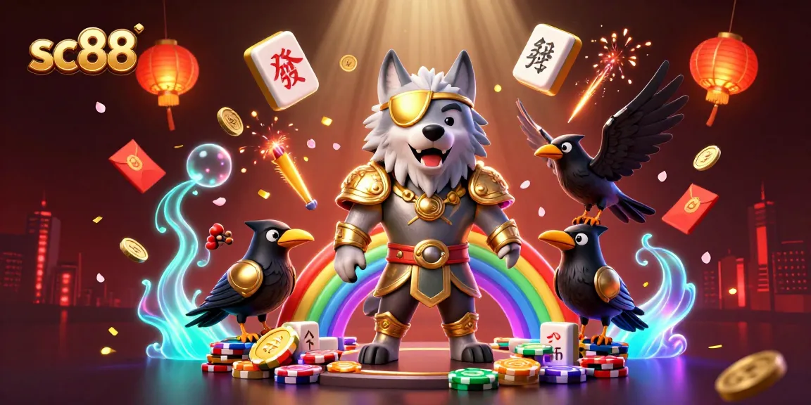 Experience the excitement of sc88 with Odin's wolf and festive details in a vibrant gambling scene.