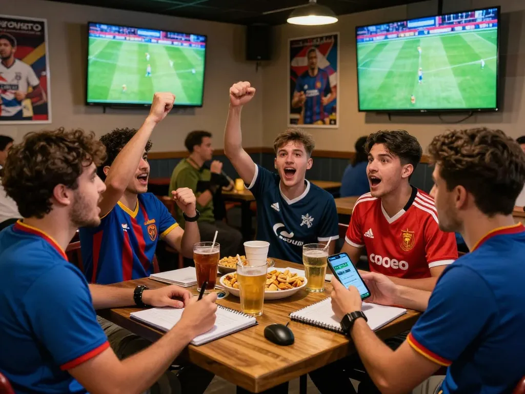 Live sports analysis at a bar featuring fans checking nowgoal football scores during a match.