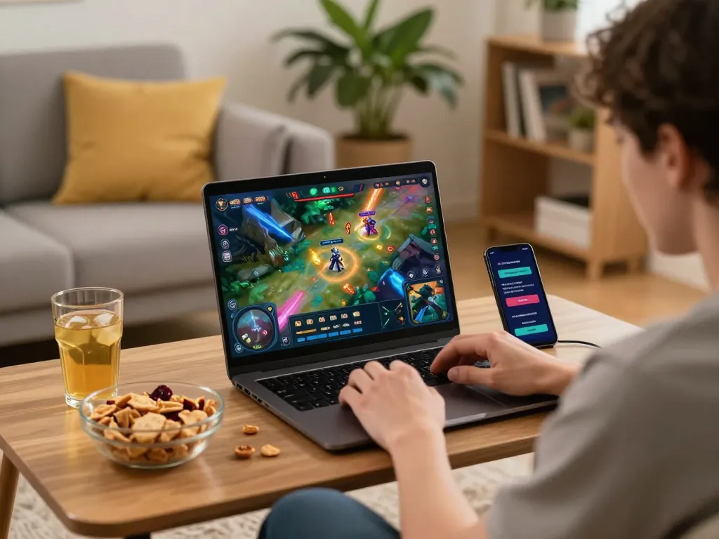 Player engaging with VENOM889's idle-RPG game in a cozy room, illustrating strategic gameplay and immersive experience.