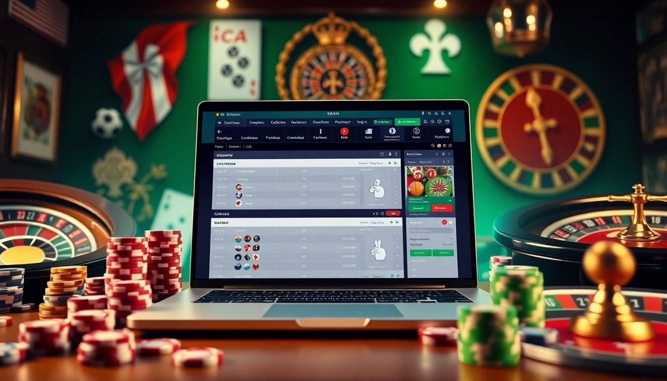 Exciting Taruhan Bola betting scene featuring a laptop and poker chips for online sports gambling.