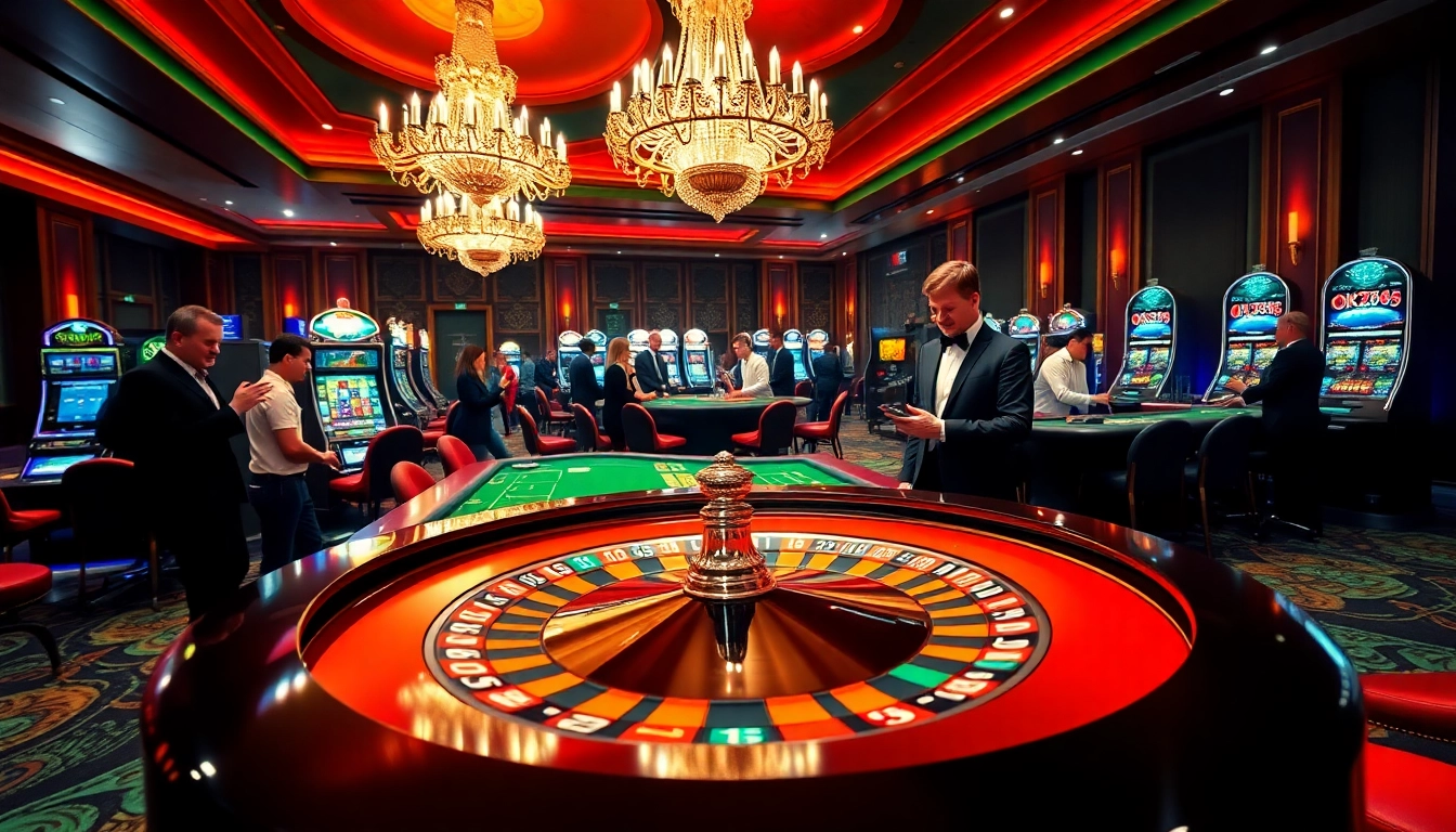 Exciting casino atmosphere at ok365 com featuring roulette and blackjack tables.
