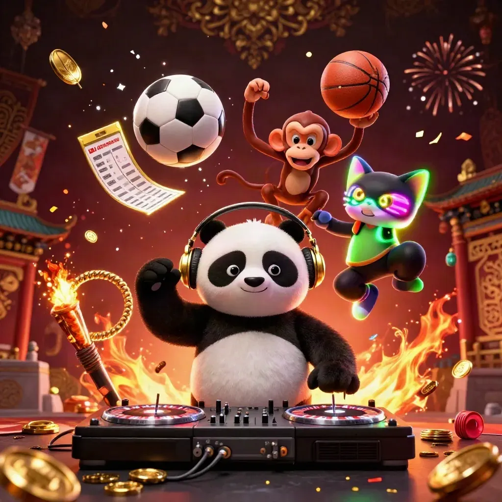Panda DJ, monkey, and glow-stick kitten burst with casino sports energy amid coins and fireworks.