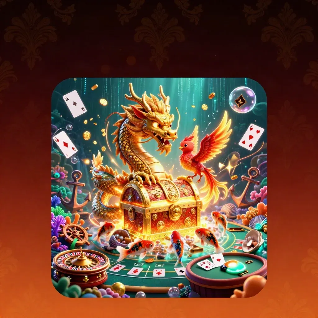 Golden dragon and phoenix over a treasure chest in a neon underwater casino cove.