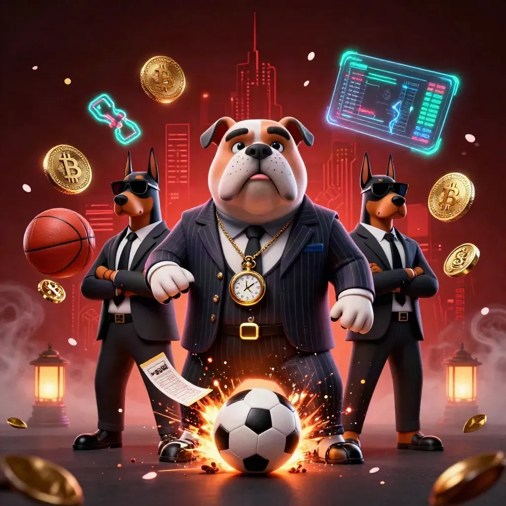 Bulldog mob bosses with neon coins and a soccer-ball turf blast in fantasy casino art.
