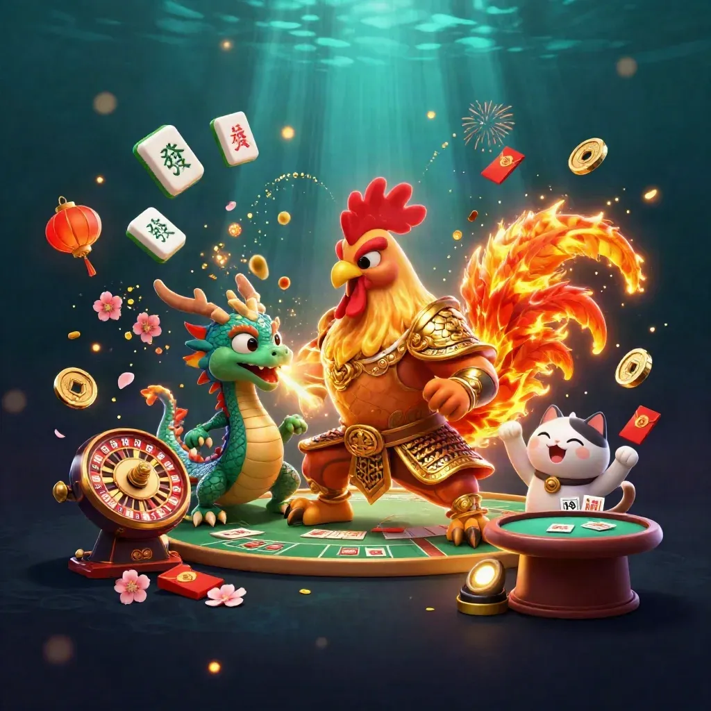 Rooster warrior, dragon hatchling, and fortune cat amid casino magic and treasure