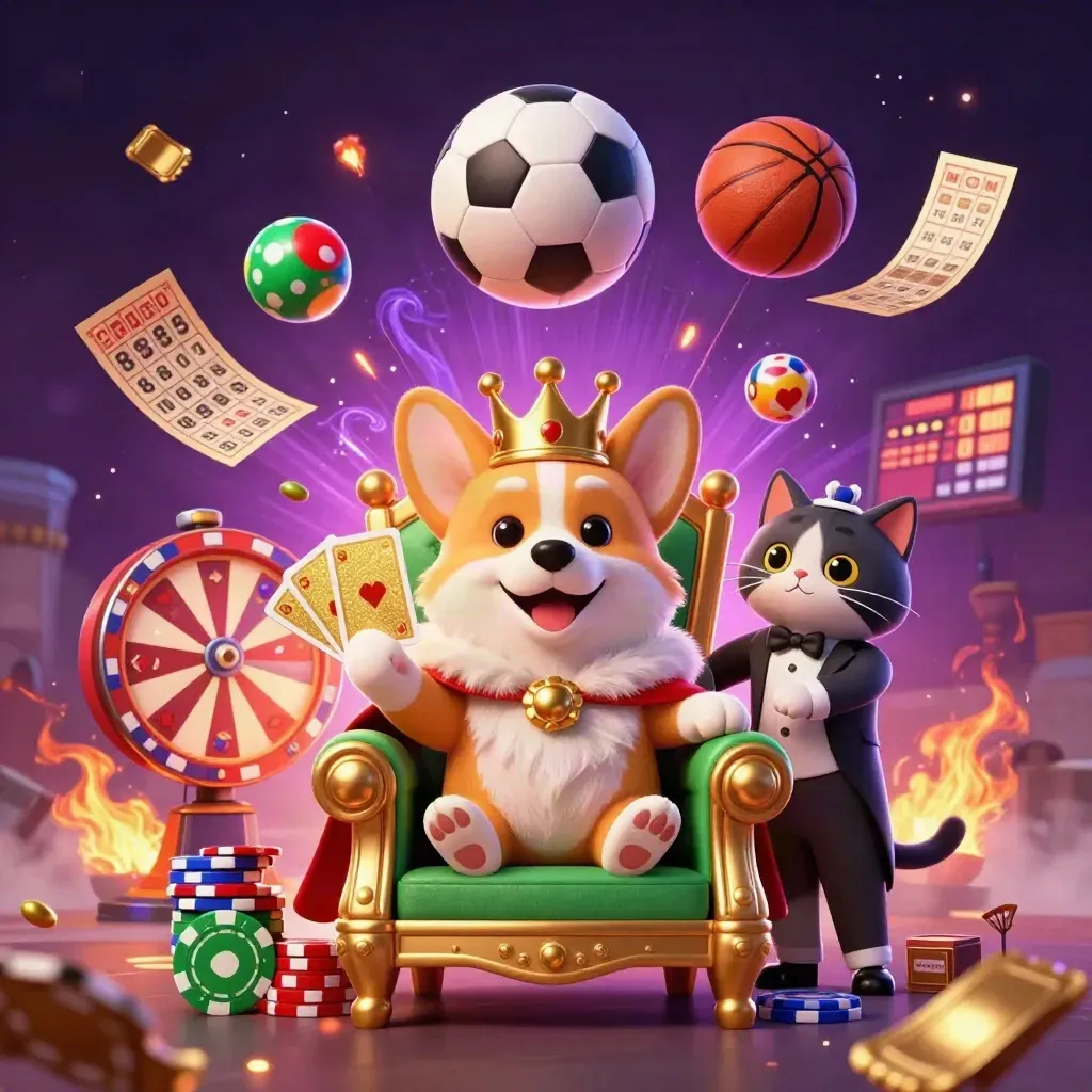 Royal corgi and cat butler amid flying casino prizes, sports balls, and neon fantasy light