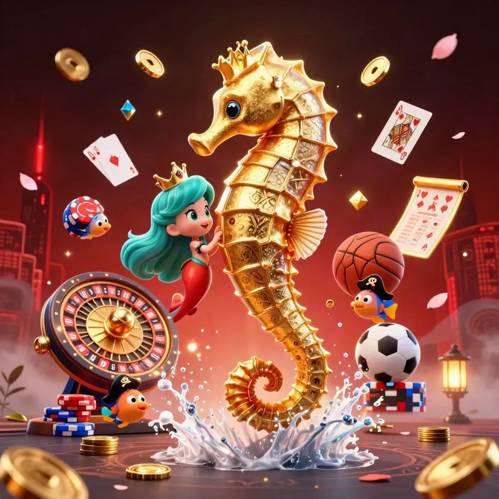 Mermaid princess on an armored seahorse amid coins, cards, chips, balls, fog, and red neon.