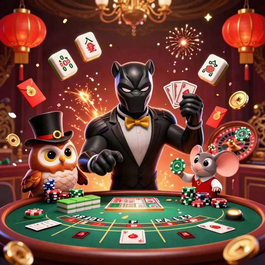 Panther, owl, and mouse in a lavish casino scene with lanterns, coins, fireworks, and magic swirls.