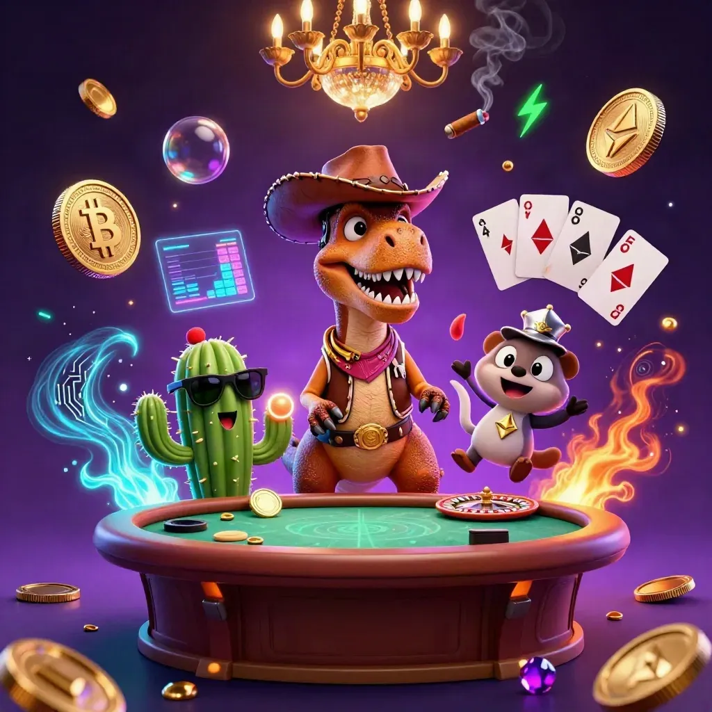 Cowboy T-Rex, cactus sidekick, and roadrunner in a neon casino fantasy with glowing coins.