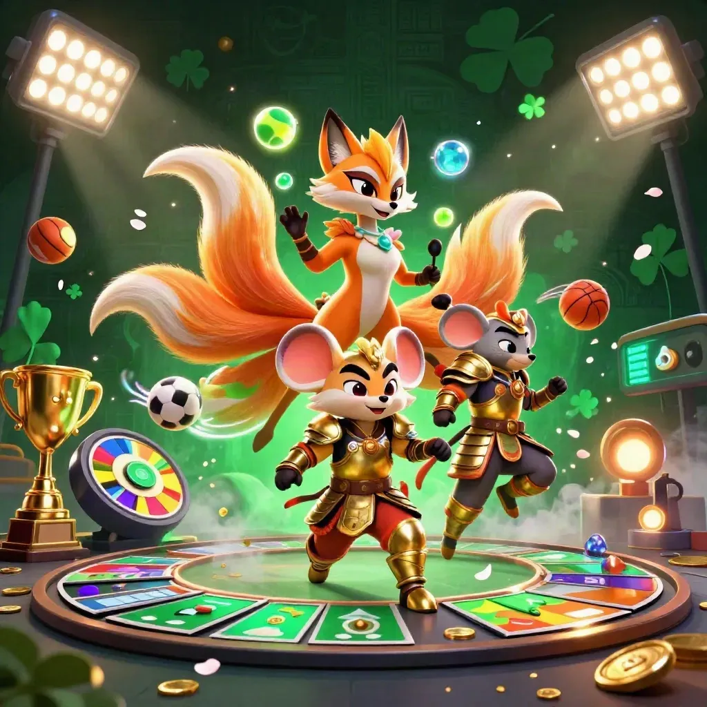 Neon fox spirit and samurai mouse amid casino luxury, sports balls, trophies, and glowing effects.