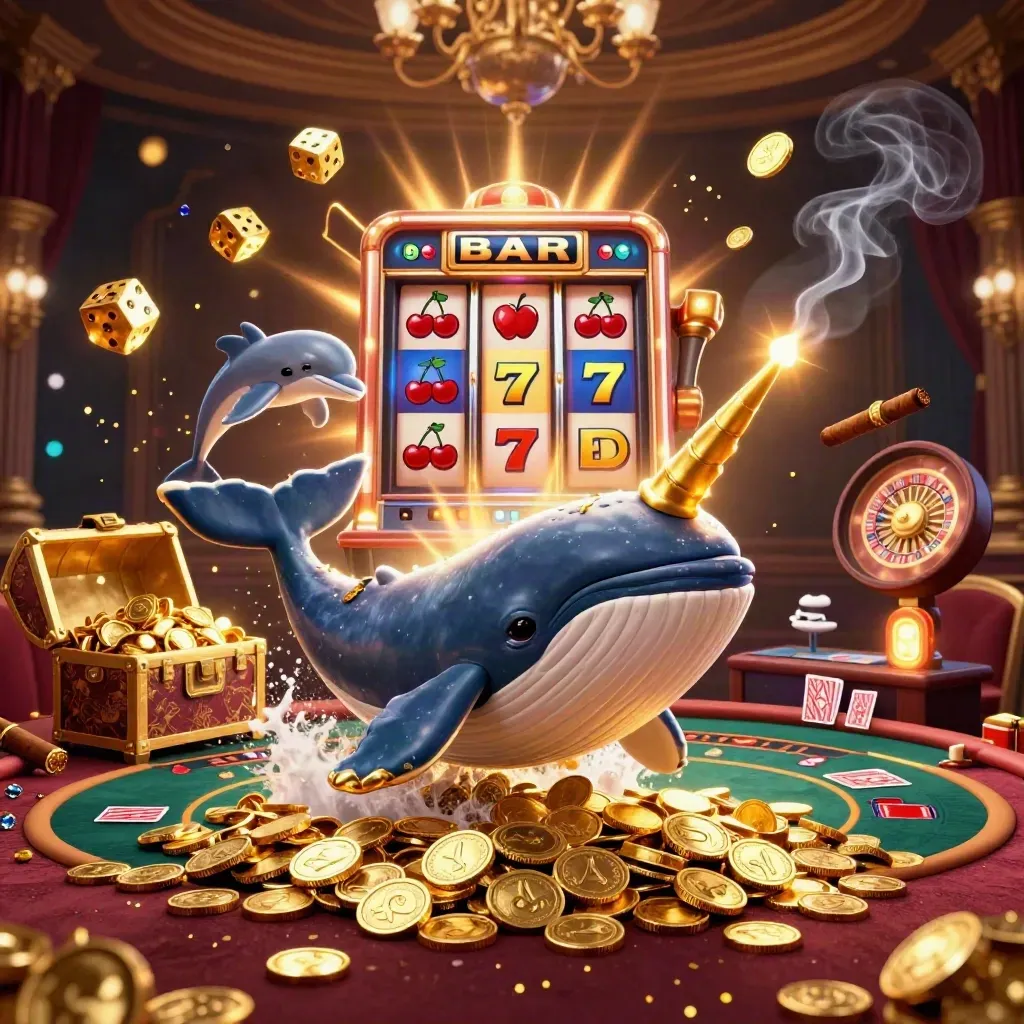 Whale captain, narwhal, and dolphins amid slot symbols, gold coins, and casino luxury