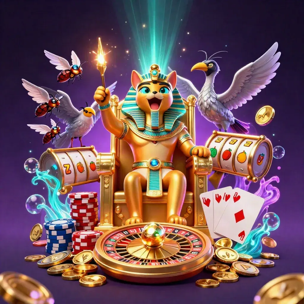 Pharaoh cat, ibis scribe and gem scarabs amid gold coins, cards, chips and neon magic