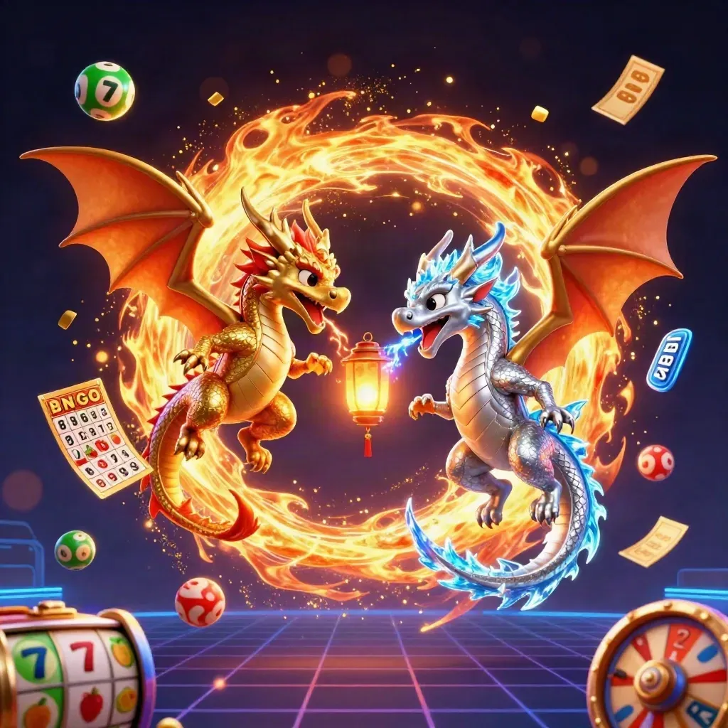 Gold and silver dragons spiral with a lantern spirit amid casino game bursts