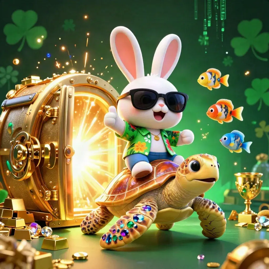Lucky rabbit rides a gem turtle as vault treasure erupts in a neon casino fantasy scene.