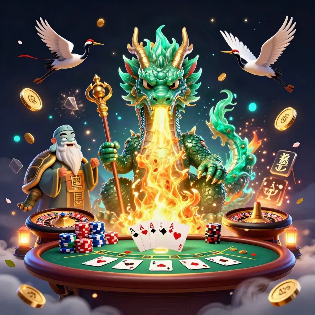 Dragon, turtle sage, and cranes amid casino treasure, chips, cards, and magical fireworks