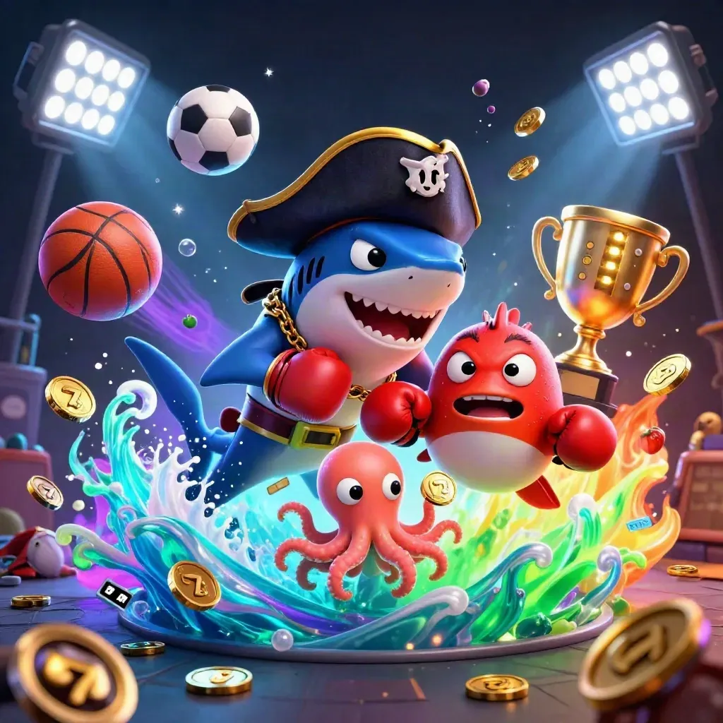Pirate shark, pufferfish boxer, and octopus juggle coins amid neon casino treasure and sports balls