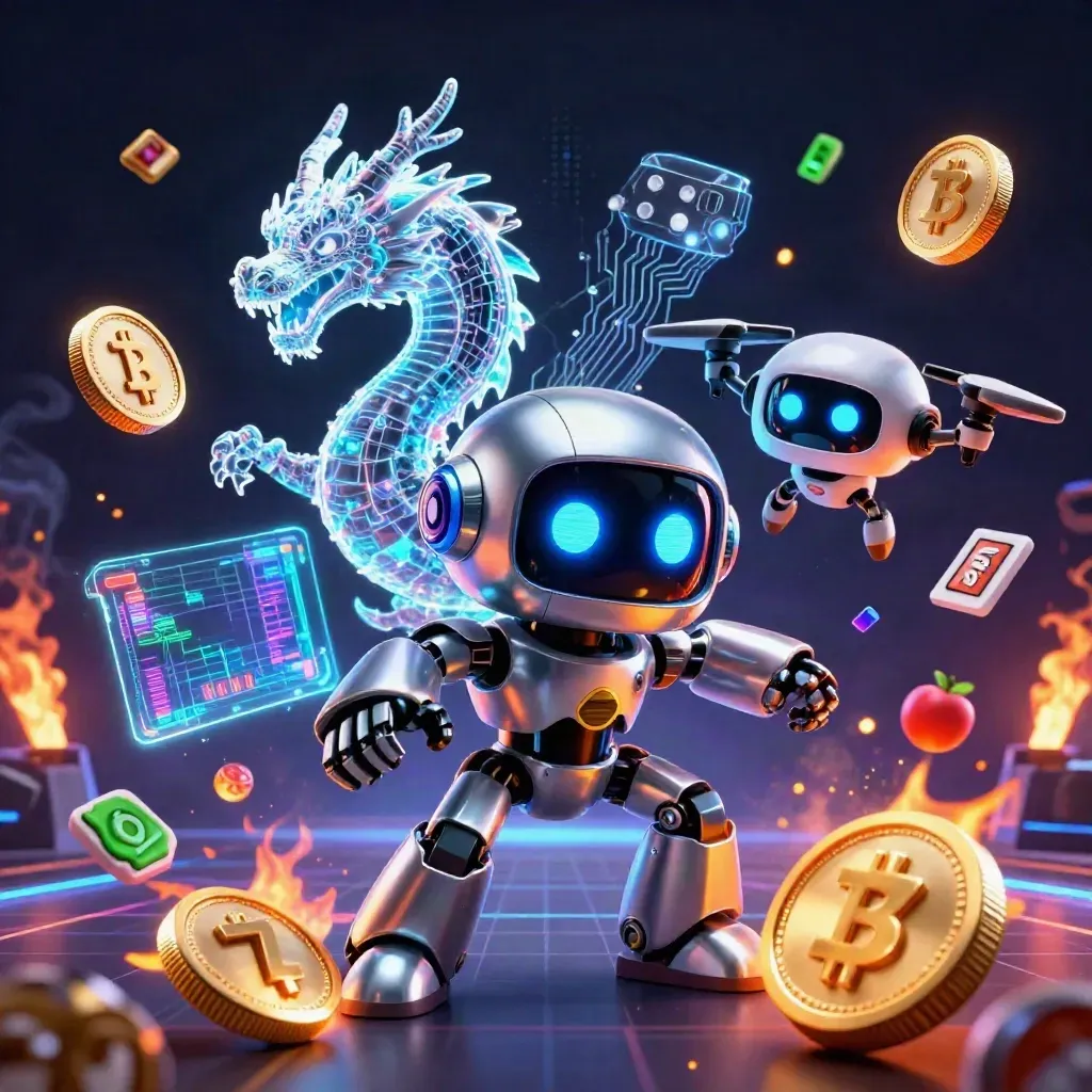 Cyberpunk robot mascot, AI dragon, and coin drone amid neon casino loot, lightning, and gems.