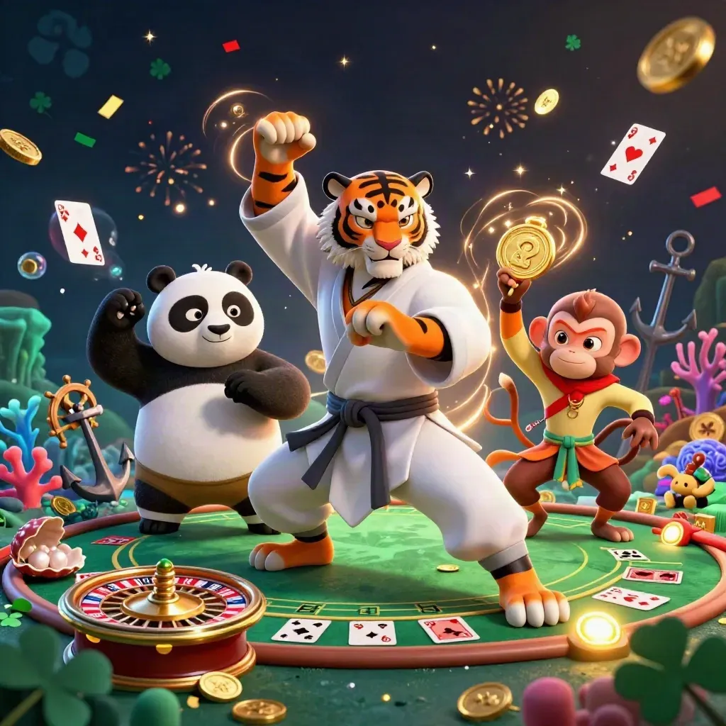 Tiger, panda, and monkey in a fantasy casino treasure cove amid coins, cards, and fireworks.