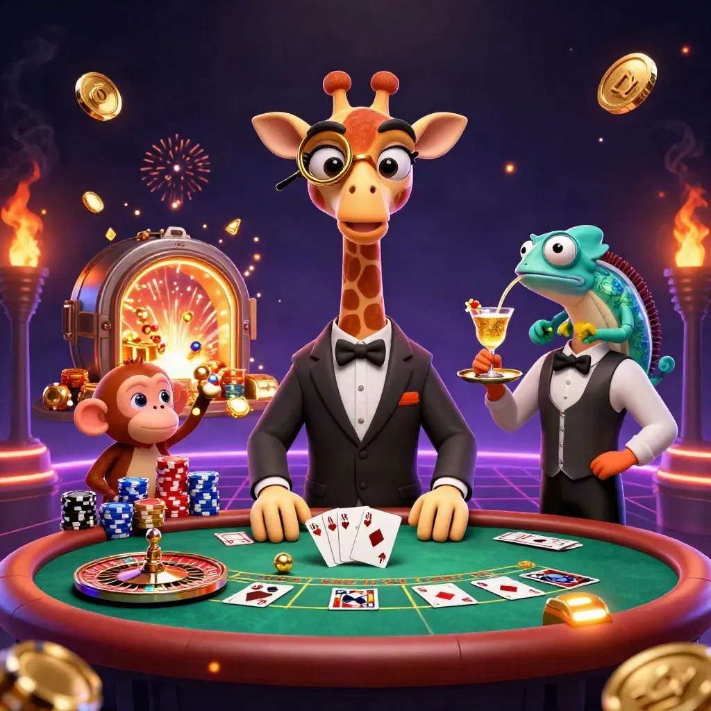 Giraffe high roller, monkey valet, and chameleon bartender amid exploding coins and chips.