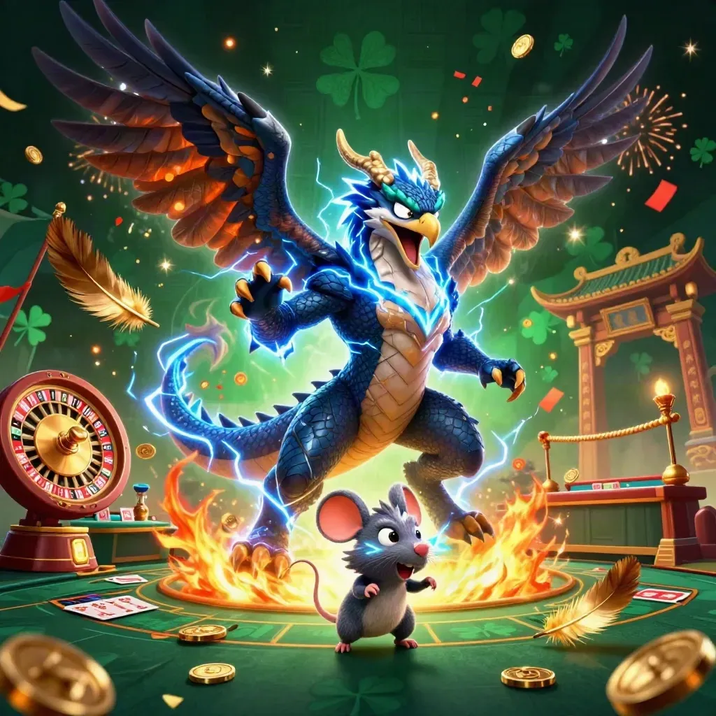 Thunder dragon, wind hawk and static mouse amid casino relics, coins, fireworks and shamrock glow.