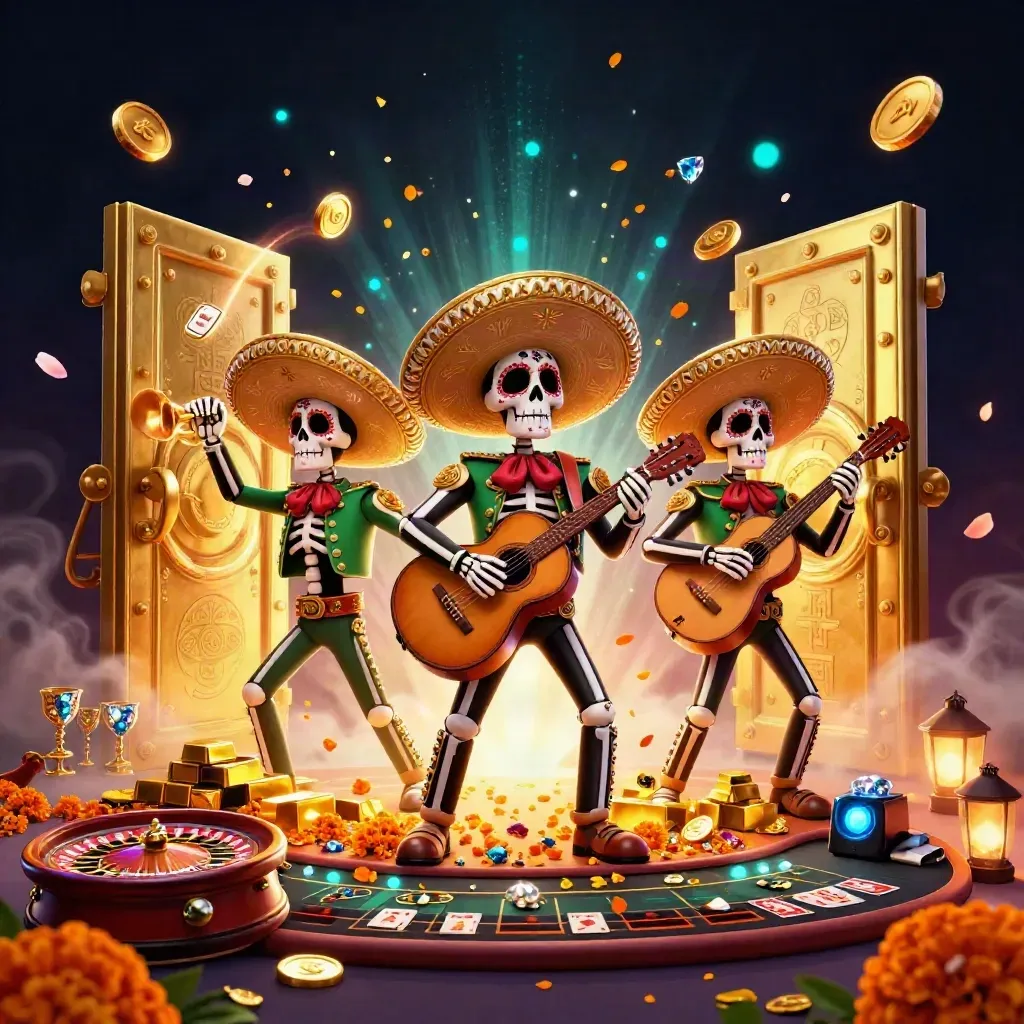 Three skeleton mariachi heroes amid a vault burst, gold coins, gems, and casino props.