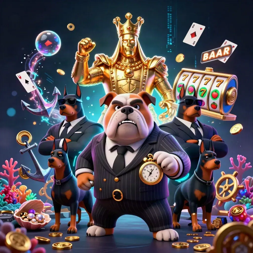 Mafia-boss bulldog and Dobermans amid a neon underwater treasure casino.