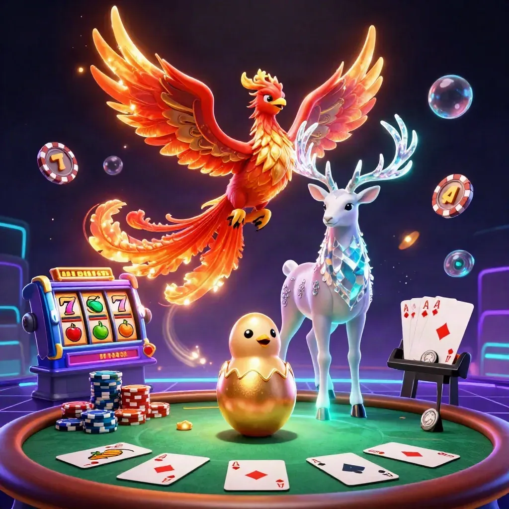 Phoenix, baby phoenix, and crystal-antler stag amid casino cards, chips, reels, and neon magic.