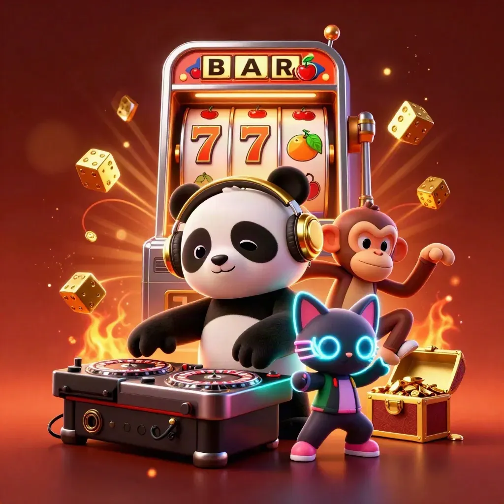 DJ panda, breakdancing monkey and rave kitten amid slot reels, gold dice and jackpot bursts.