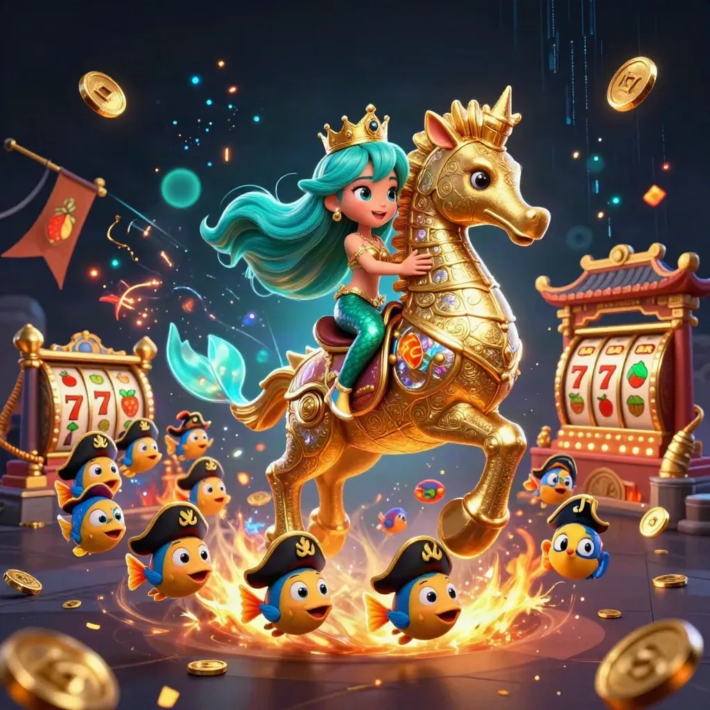 Mermaid princess on armored seahorse amid pirate fish, coins, neon bolts and slot symbols
