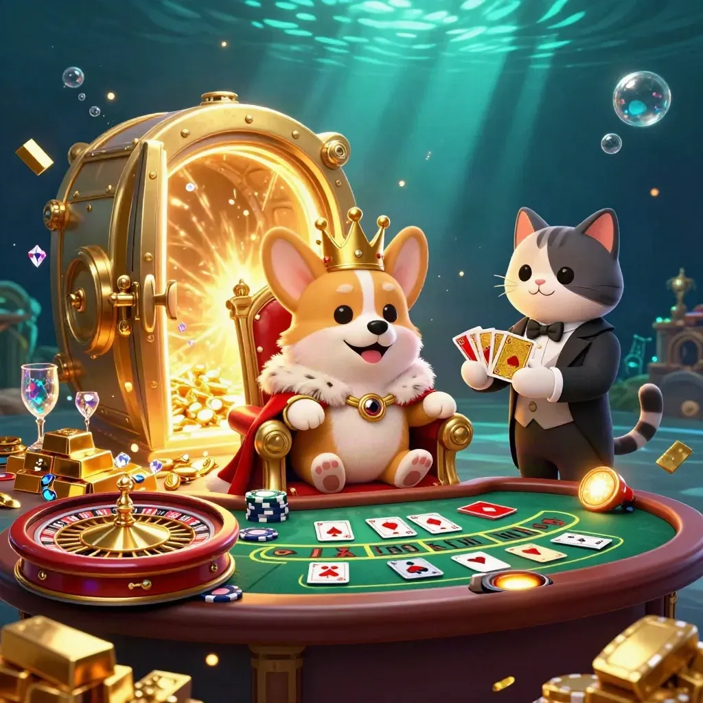 Royal corgi and cat butler amid treasure vault, chips, roulette wheel, and glowing casino loot.