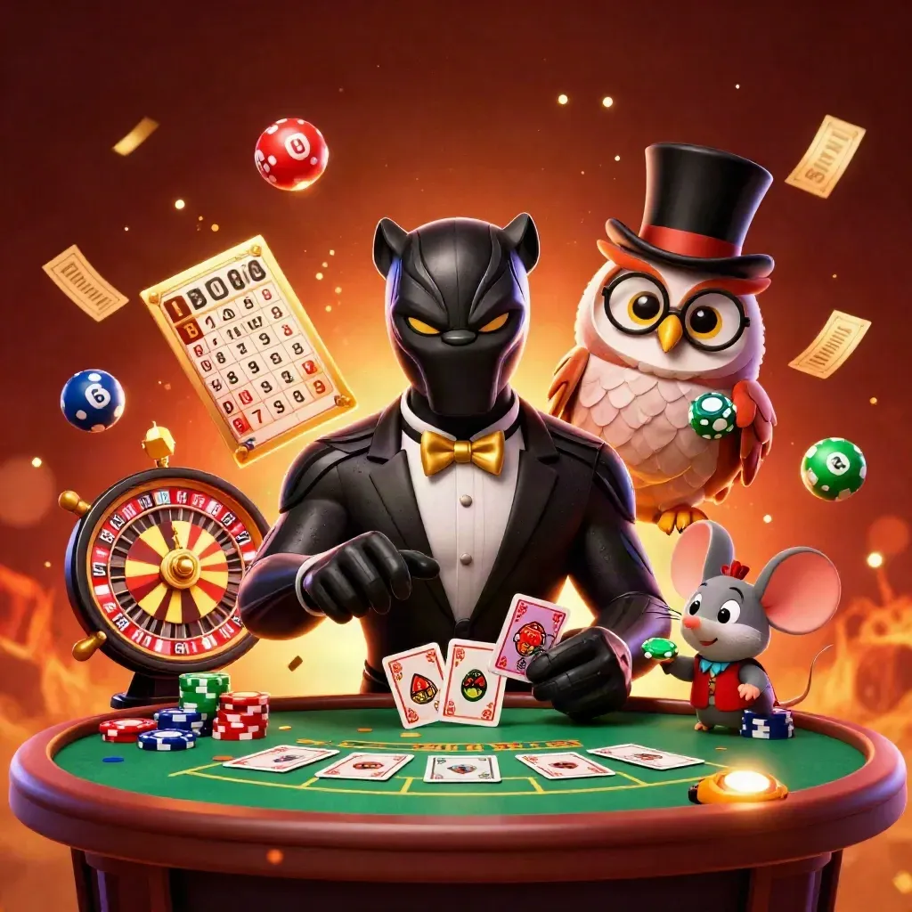 Black panther dealer, owl, and mouse amid casino rewards, wheels, chips, and glowing embers.