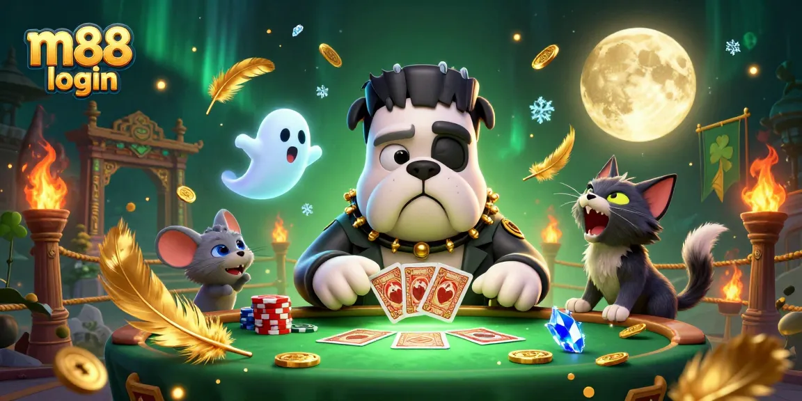 Join the fun with m88 login, where a Frankenstein bulldog deals cards amidst thrilling casino excitement.