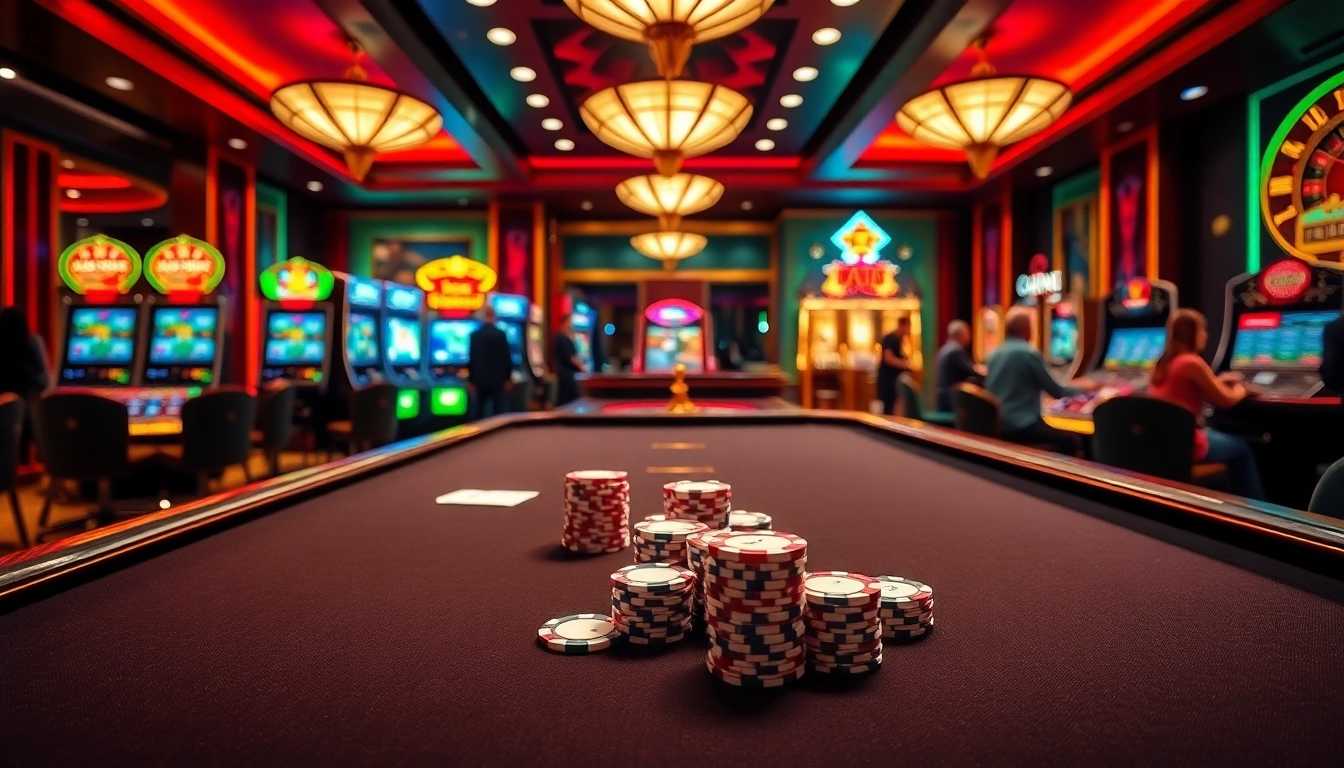 Người chơi đang tham gia một trò chơi đầy kịch tính tại Nhà cái JD88, với bàn casino sống động và máy đánh bạc.