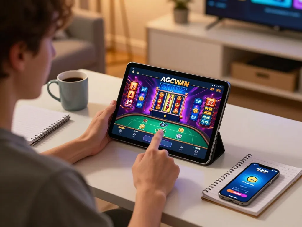 Gameplay yang menarik di aplikasi AGCWIN dengan grafik slot yang mengasyikkan di tablet, pengaturan gaming nyaman di rumah.