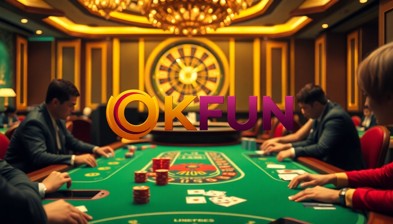 Players engaging in thrilling casino games at OKFUN, showcasing poker and roulette excitement.