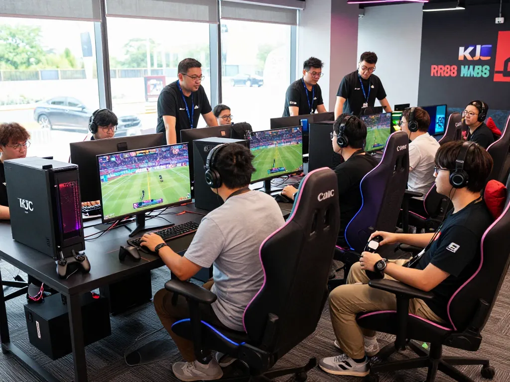Innovative gaming and entertainment collaboration scene showcasing KJC brands at a modern workstation.