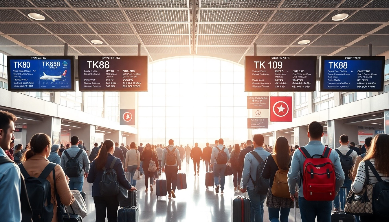 Travelers checking in for Turkish Airlines flight TK88 at a bustling airport terminal.